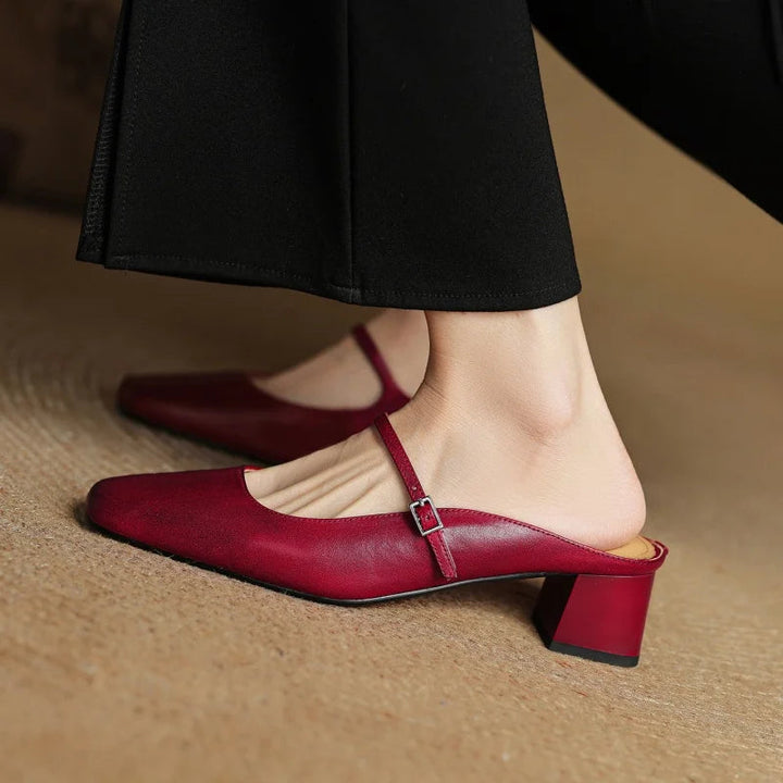 Women's Mary Jane Square Toe Open Back Block Heel Pumps