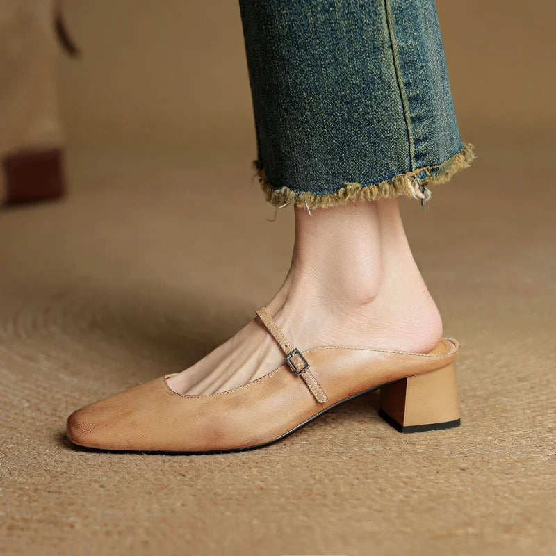 Women's Mary Jane Square Toe Open Back Block Heel Pumps