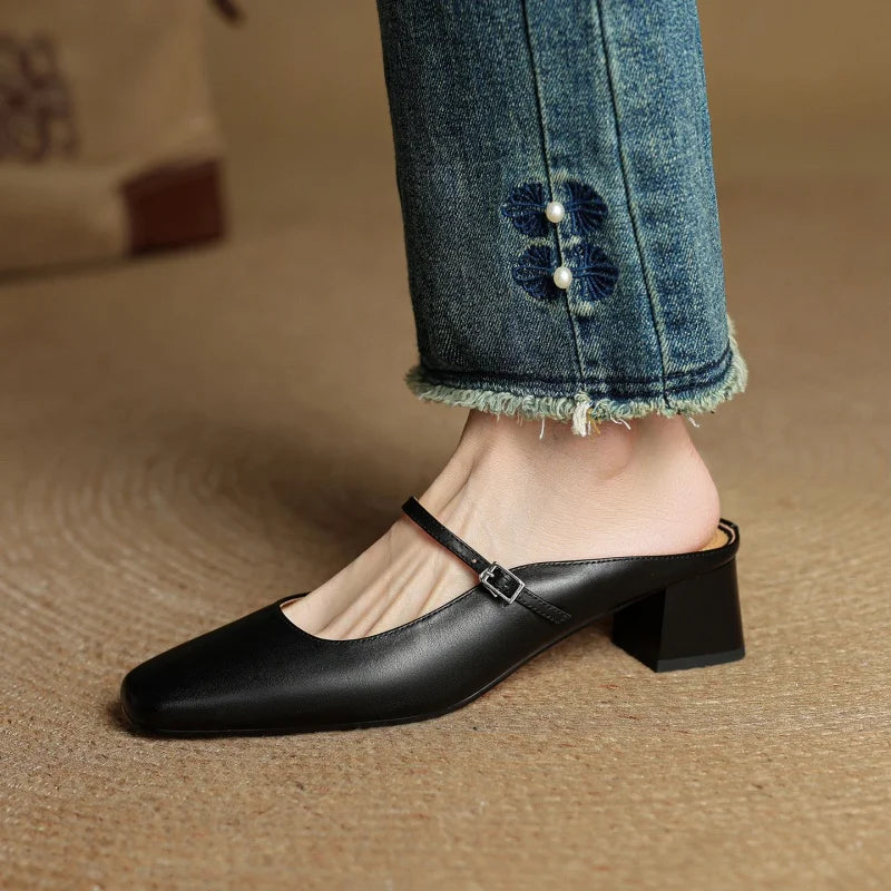 Women's Mary Jane Square Toe Open Back Block Heel Pumps