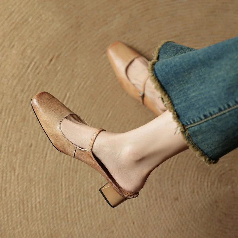 Women's Mary Jane Square Toe Open Back Block Heel Pumps