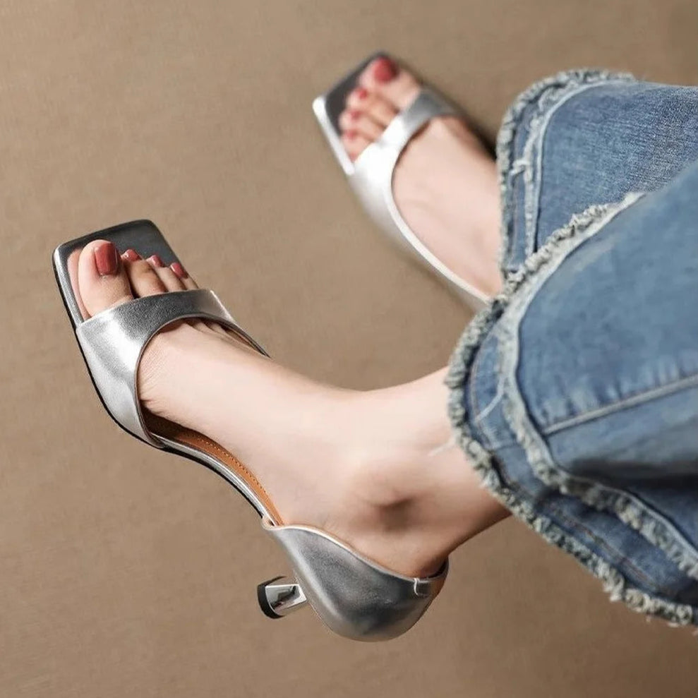 Women's Mid Block Heel Open Square Toe Slip-On Mule