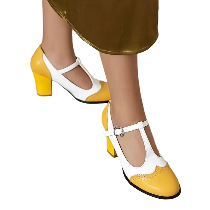 Women's Block Heel Mary Jane T-Strap with Perforated Toe Cap