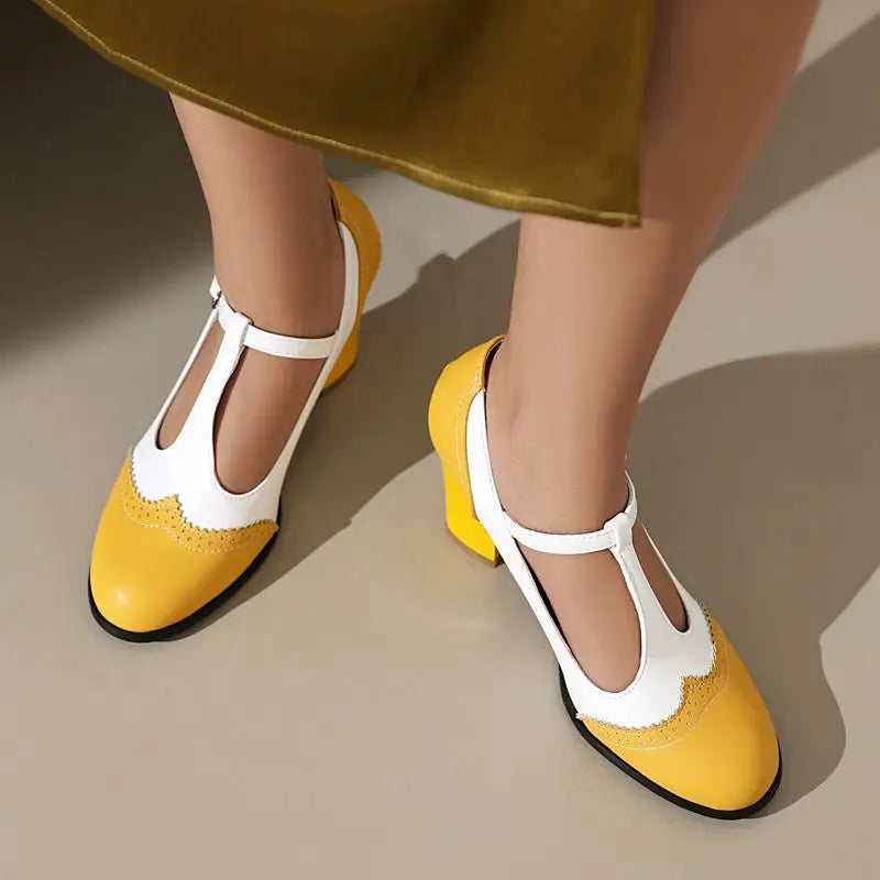 Women's Block Heel Mary Jane T-Strap with Perforated Toe Cap