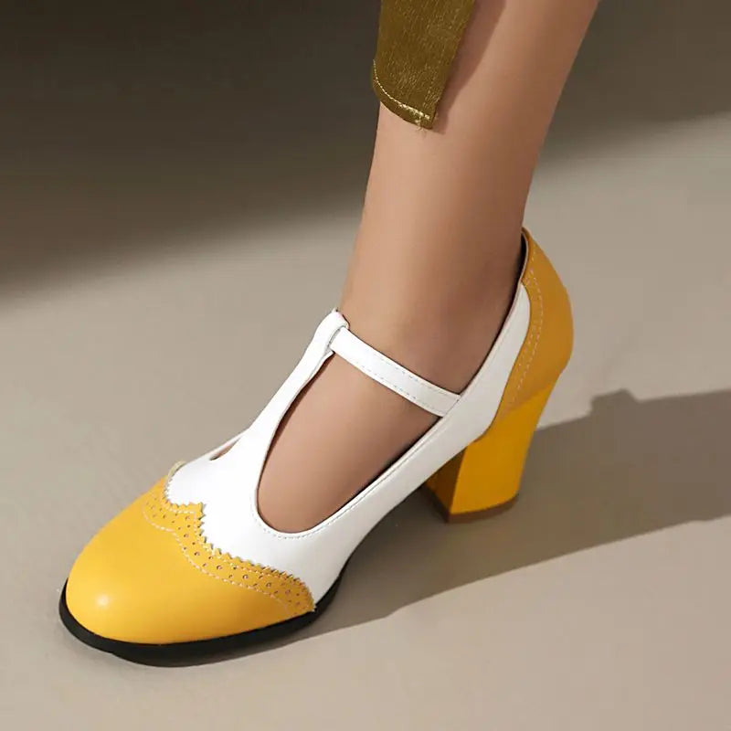 Women's Block Heel Mary Jane T-Strap with Perforated Toe Cap
