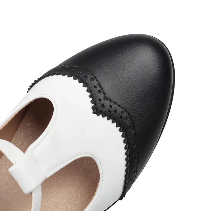 Women's Block Heel Mary Jane T-Strap with Perforated Toe Cap