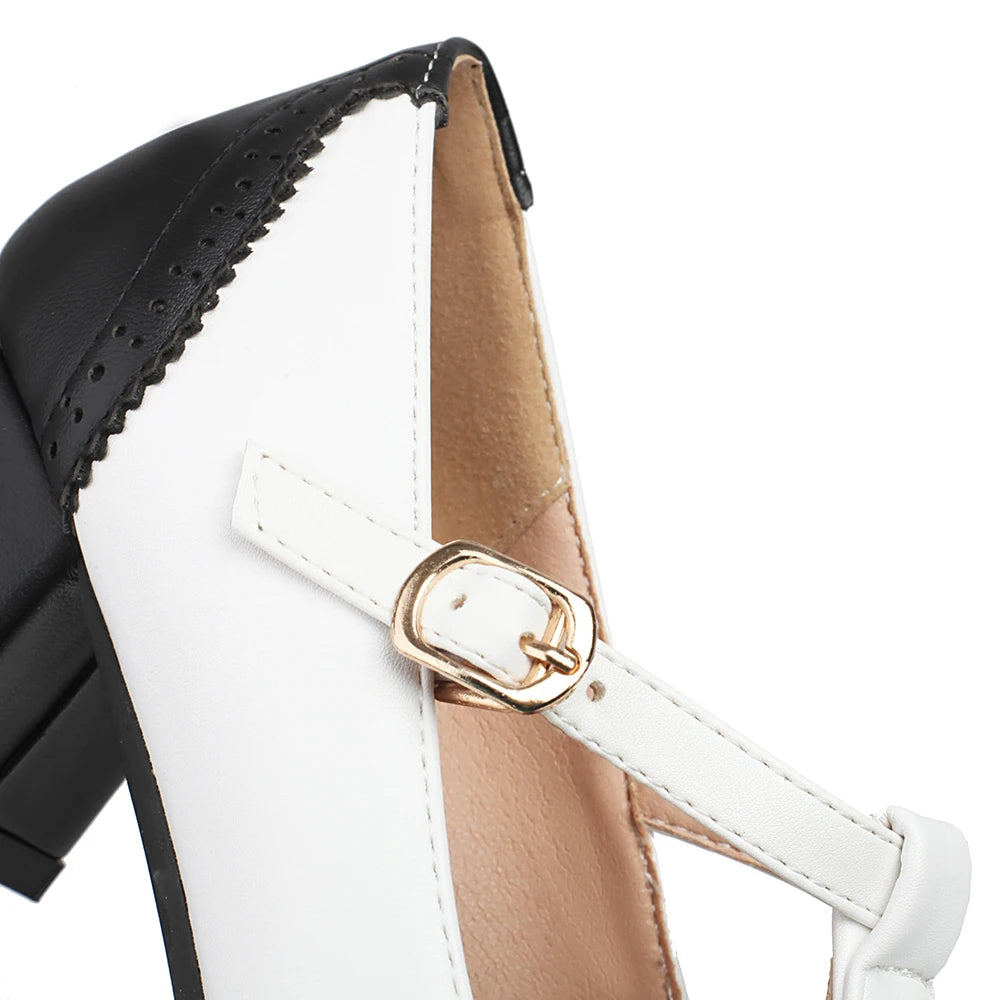 Women's Block Heel Mary Jane T-Strap with Perforated Toe Cap
