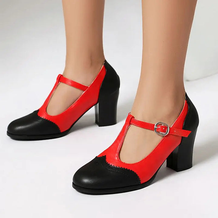 Women's Block Heel Mary Jane T-Strap with Perforated Toe Cap