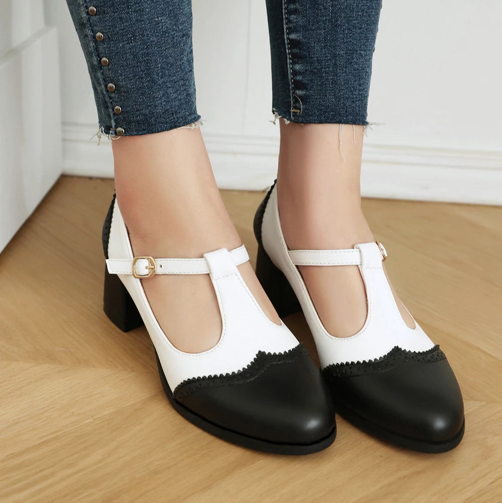 Women's Block Heel Mary Jane T-Strap with Perforated Toe Cap