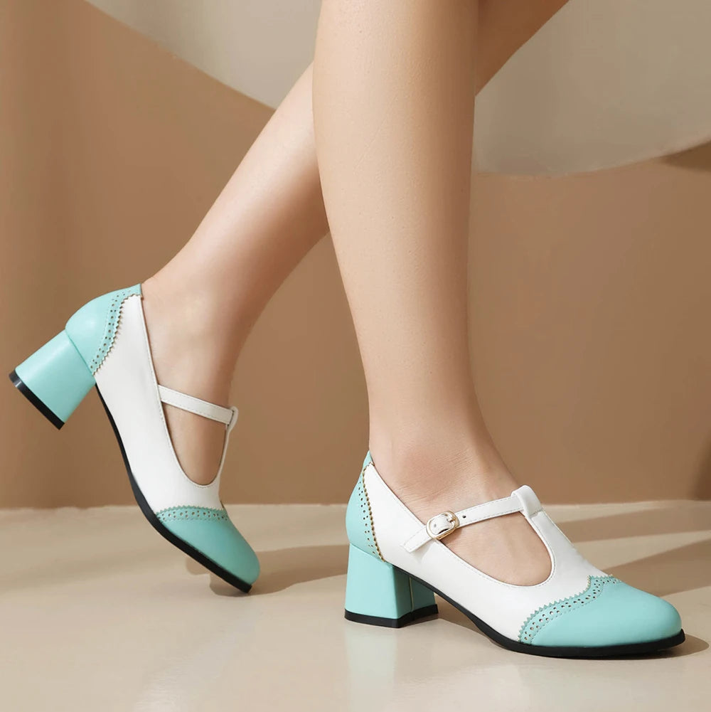 Women's Block Heel Mary Jane T-Strap with Perforated Toe Cap