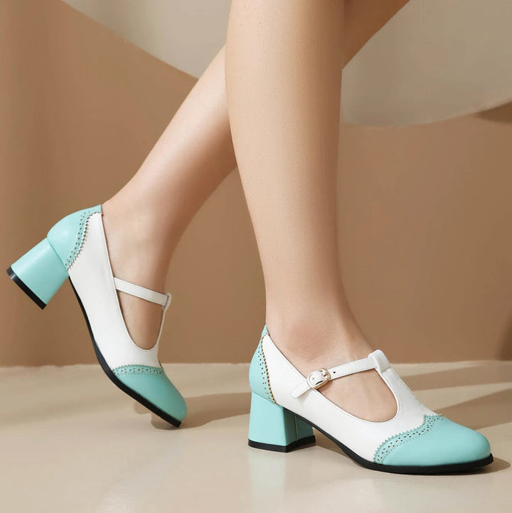 Women's Block Heel Mary Jane T-Strap with Perforated Toe Cap