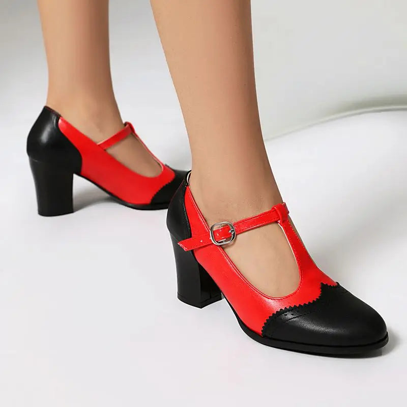 Women's Block Heel Mary Jane T-Strap with Perforated Toe Cap