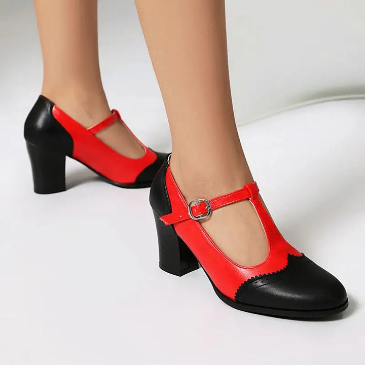 Women's Block Heel Mary Jane T-Strap with Perforated Toe Cap