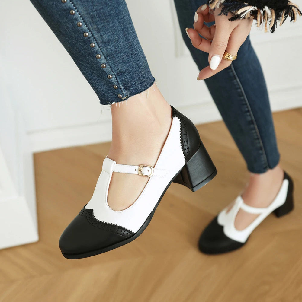 Women's Block Heel Mary Jane T-Strap with Perforated Toe Cap