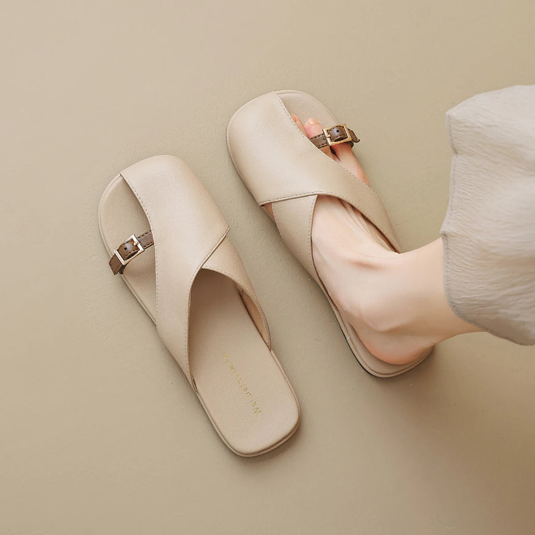 Women's Open Toe Crossover Strap Flat Sandals with Side Buckle