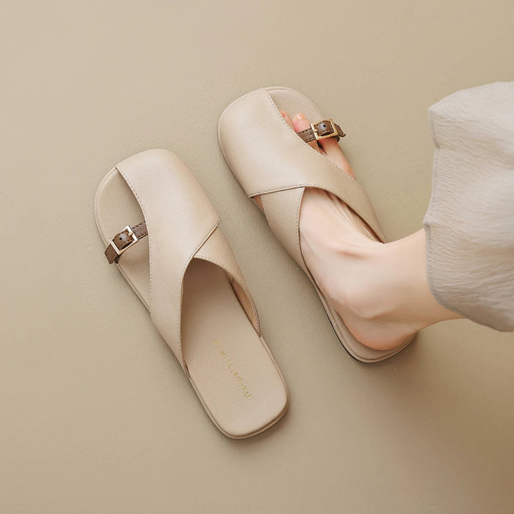 Women's Open Toe Crossover Strap Flat Sandals with Side Buckle