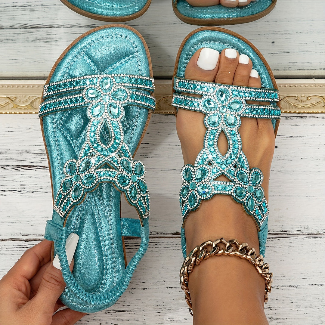 Women's Open-Toe Flat Sandals with Rhinestone and Gemstone Embellished T-Strap