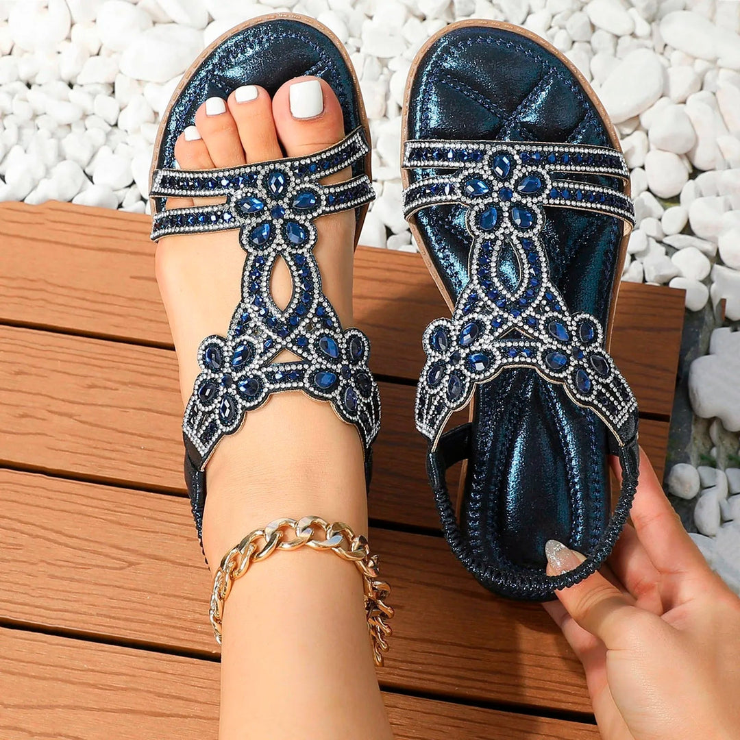 Women's Open-Toe Flat Sandals with Rhinestone and Gemstone Embellished T-Strap