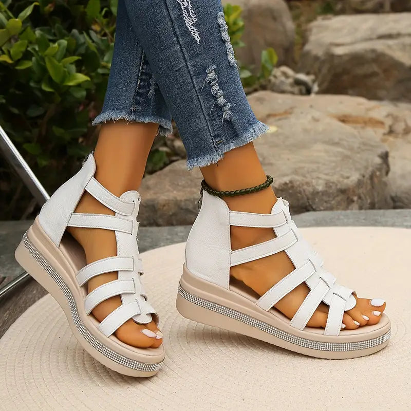 Women's Open-Toe Gladiator Flatform Sandals with Rhinestone Midsole Trim