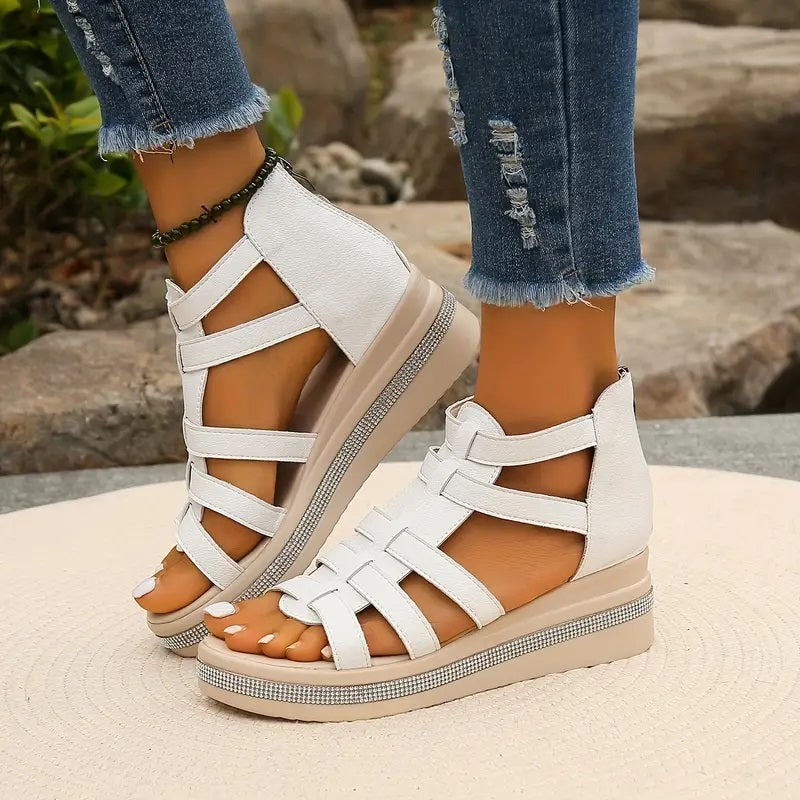 Women's Open-Toe Gladiator Flatform Sandals with Rhinestone Midsole Trim