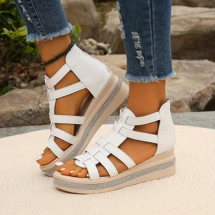 Women's Open-Toe Gladiator Flatform Sandals with Rhinestone Midsole Trim