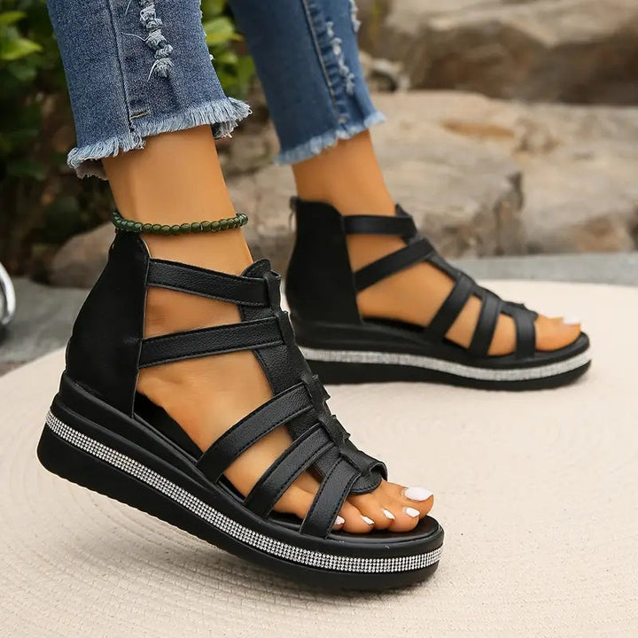 Women's Open-Toe Gladiator Flatform Sandals with Rhinestone Midsole Trim