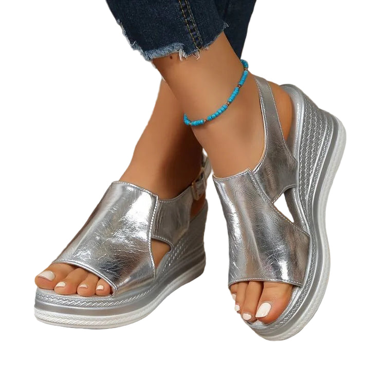 Women's Open-Toe Metallic Wedge Sandals with Cross-Strap and Cutout Detail