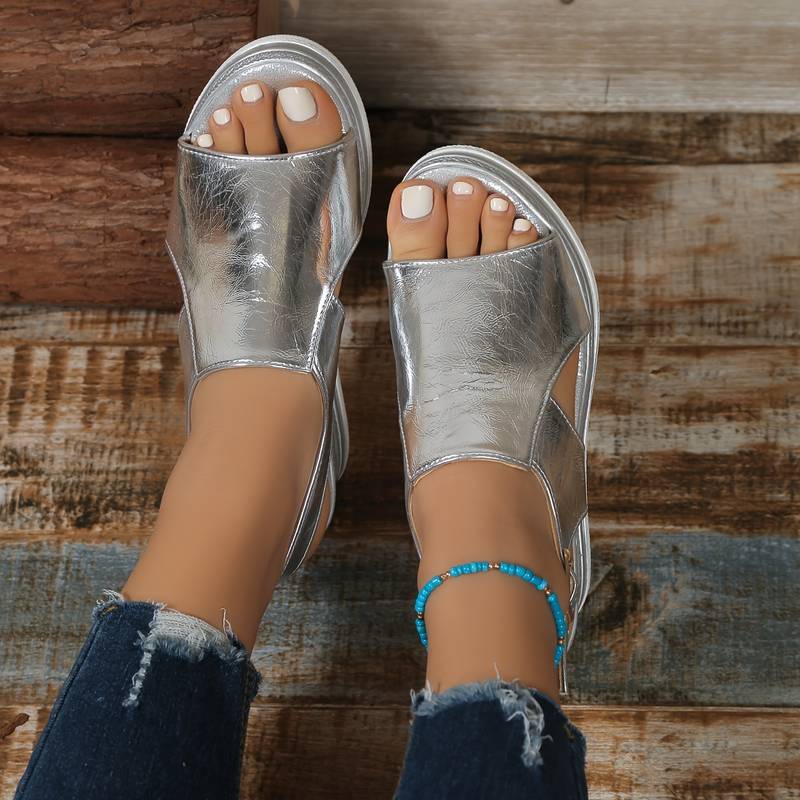 Women's Open-Toe Metallic Wedge Sandals with Cross-Strap and Cutout Detail