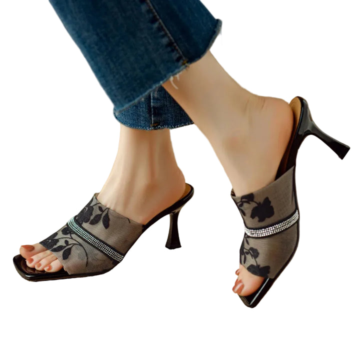 Women's Open Toe Mule Heels with Floral Mesh Upper and Rhinestone Trim