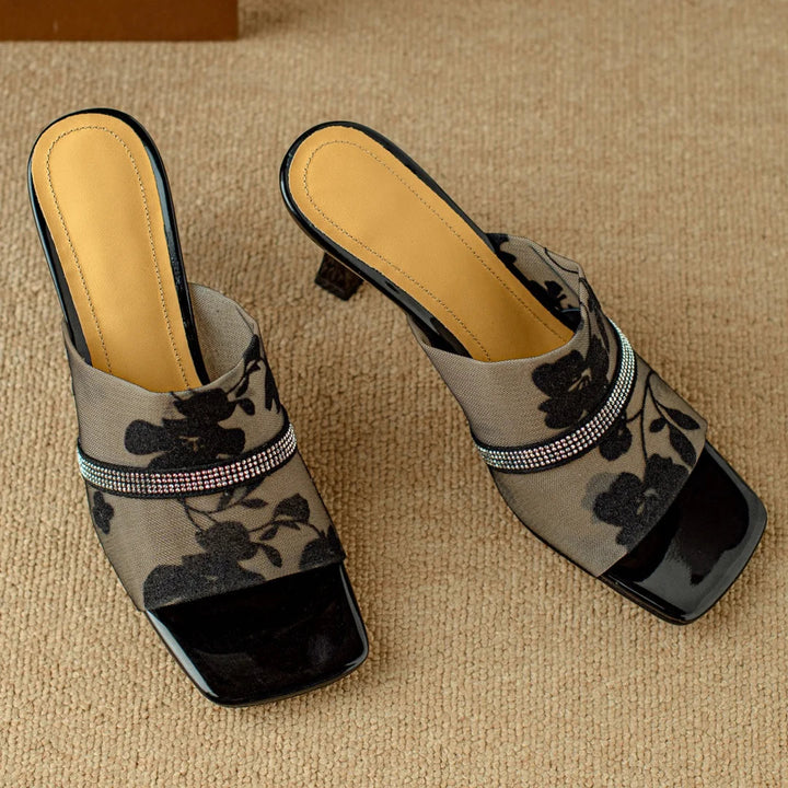 Women's Open Toe Mule Heels with Floral Mesh Upper and Rhinestone Trim