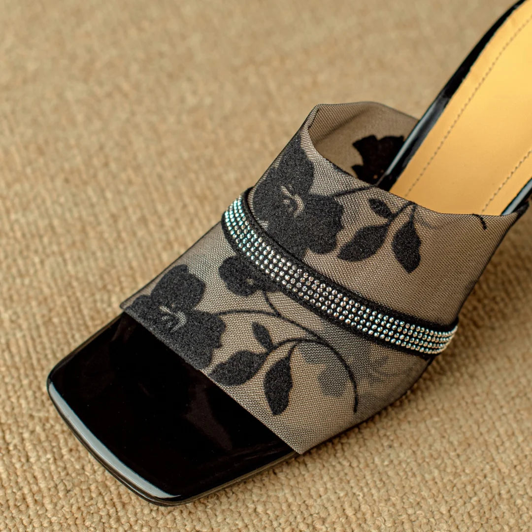 Women's Open Toe Mule Heels with Floral Mesh Upper and Rhinestone Trim