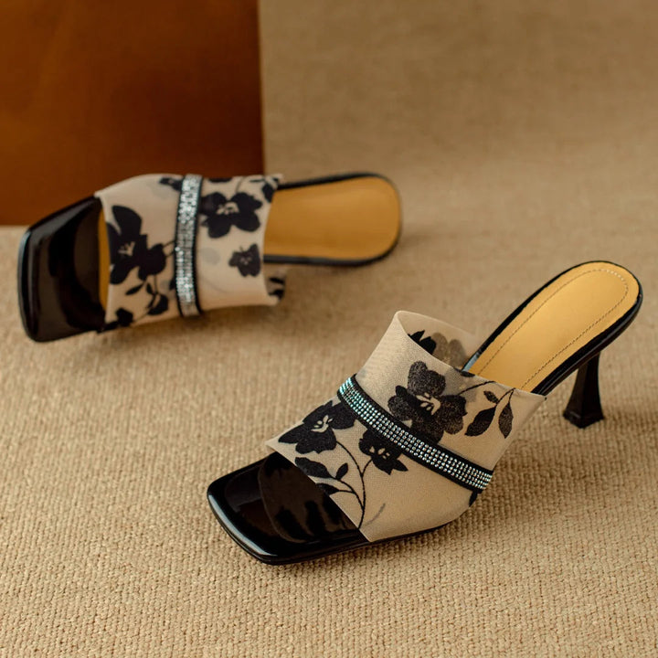 Women's Open Toe Mule Heels with Floral Mesh Upper and Rhinestone Trim
