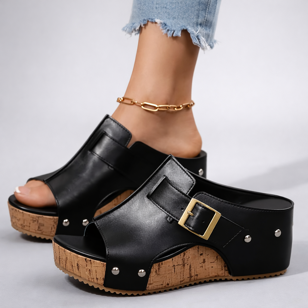 Women's Open Toe Platform Slide Sandal with Buckle Strap
