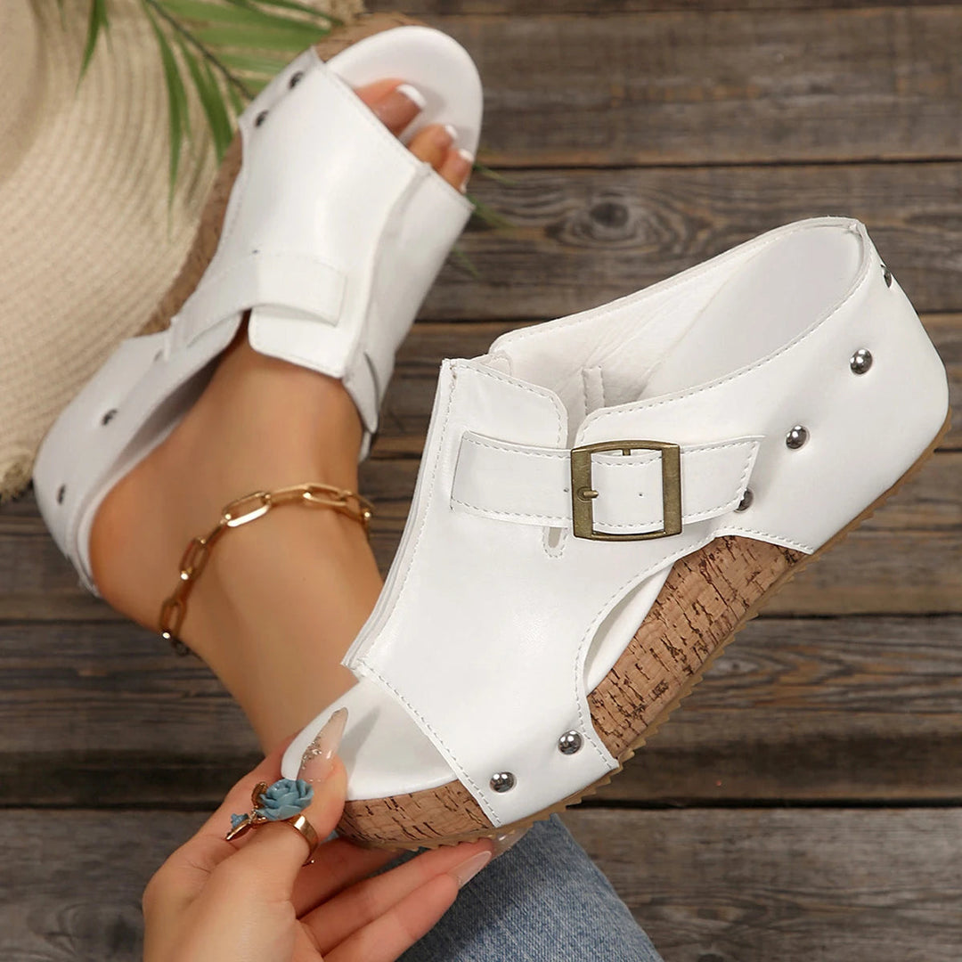 Women's Open Toe Platform Slide Sandal with Buckle Strap