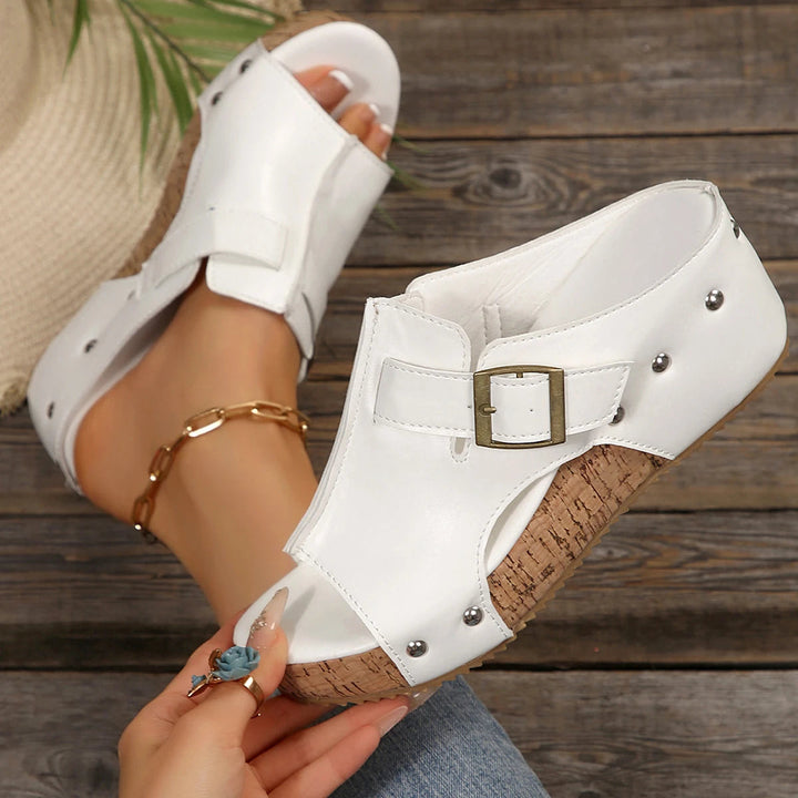 Women's Open Toe Platform Slide Sandal with Buckle Strap