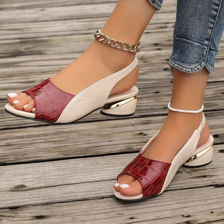 Women's Open-Toe Slingback Low Wedge Heels with Croc-Embossed Vamp Strap