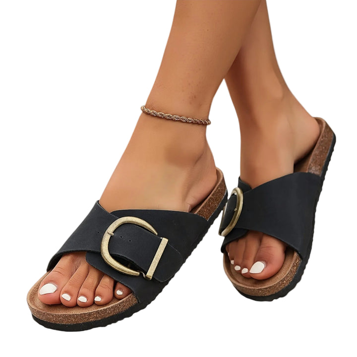 Women's Open-Toe Slip-On Slide Sandals with Large Square Buckle and Cork Footbed
