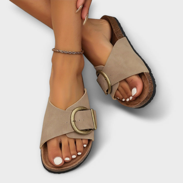 Women's Open-Toe Slip-On Slide Sandals with Large Square Buckle and Cork Footbed