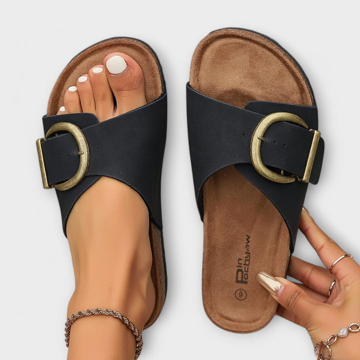 Women's Open-Toe Slip-On Slide Sandals with Large Square Buckle and Cork Footbed