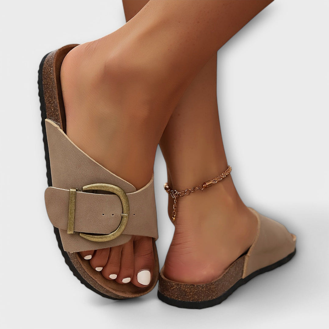 Women's Open-Toe Slip-On Slide Sandals with Large Square Buckle and Cork Footbed