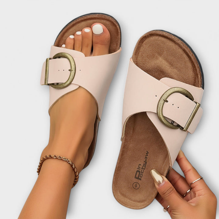 Women's Open-Toe Slip-On Slide Sandals with Large Square Buckle and Cork Footbed