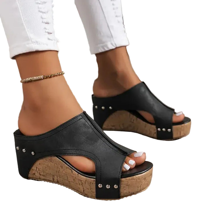 Women's Open-Toe Slip-On Wedge Mules with Side Cutout and Stud Detail