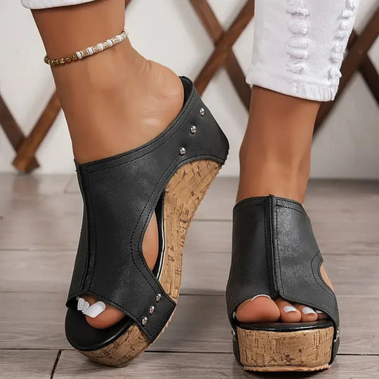Women's Open-Toe Slip-On Wedge Mules with Side Cutout and Stud Detail
