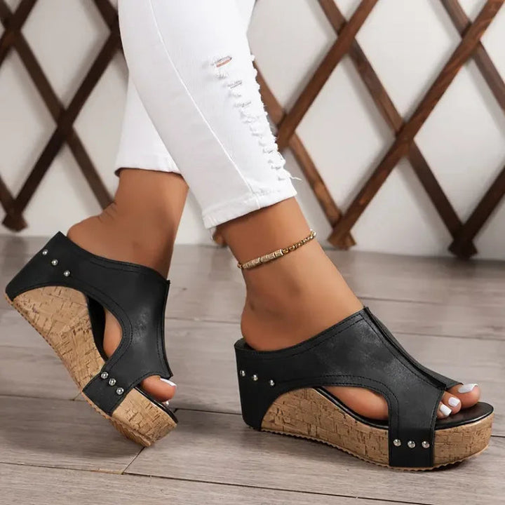 Women's Open-Toe Slip-On Wedge Mules with Side Cutout and Stud Detail