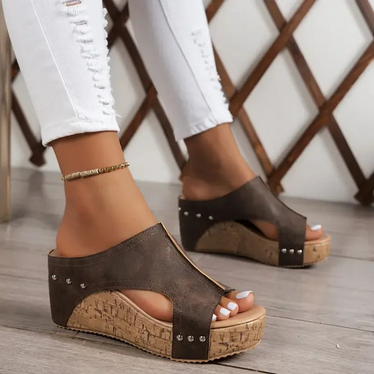 Women's Open-Toe Slip-On Wedge Mules with Side Cutout and Stud Detail