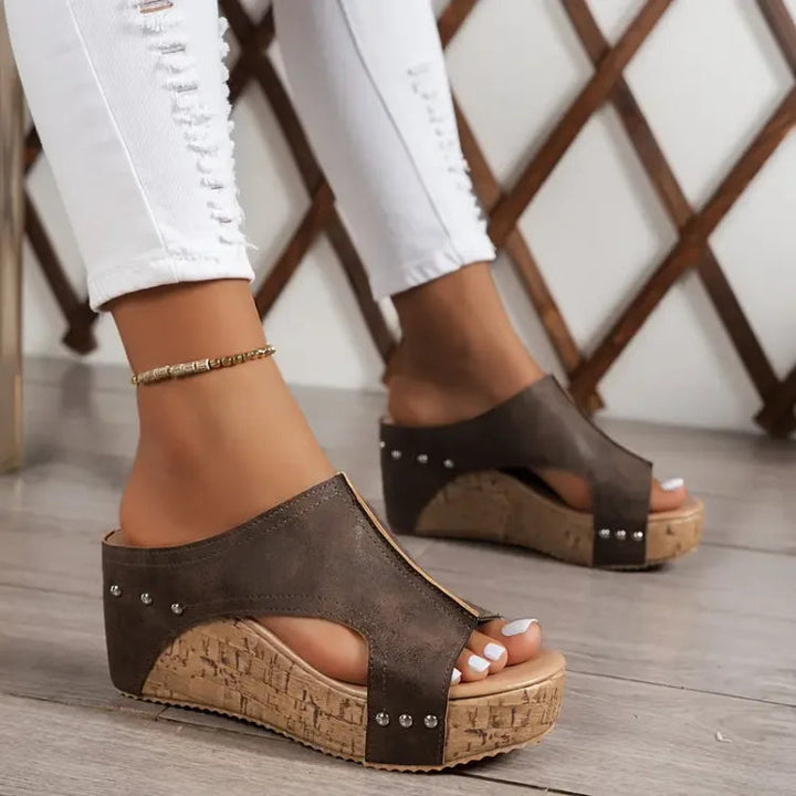 Women's Open-Toe Slip-On Wedge Mules with Side Cutout and Stud Detail