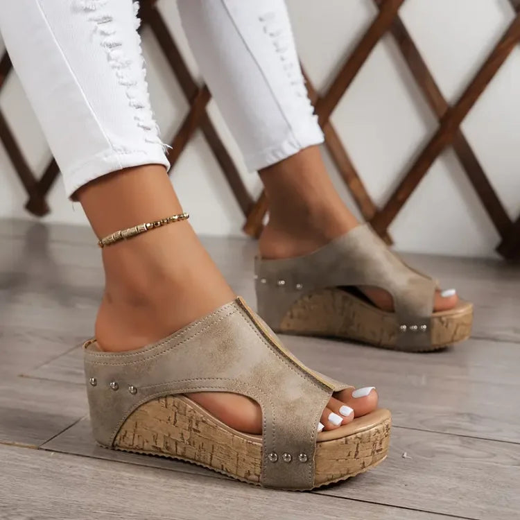 Women's Open-Toe Slip-On Wedge Mules with Side Cutout and Stud Detail