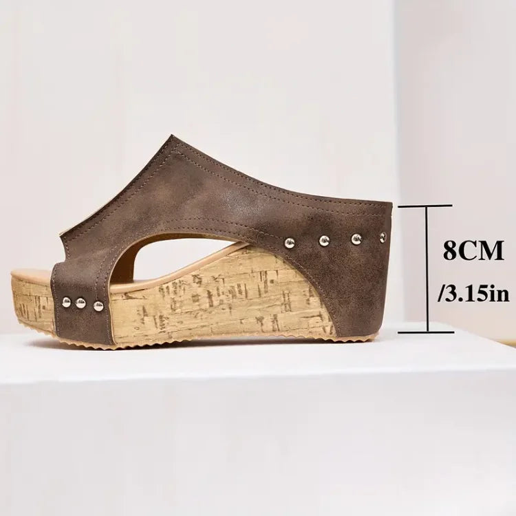 Women's Open-Toe Slip-On Wedge Mules with Side Cutout and Stud Detail