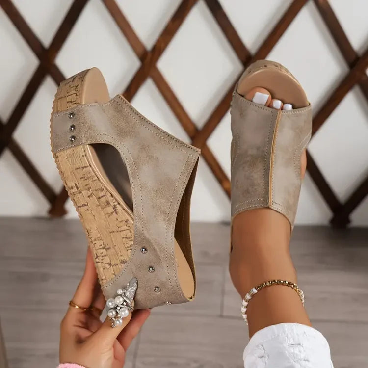 Women's Open-Toe Slip-On Wedge Mules with Side Cutout and Stud Detail