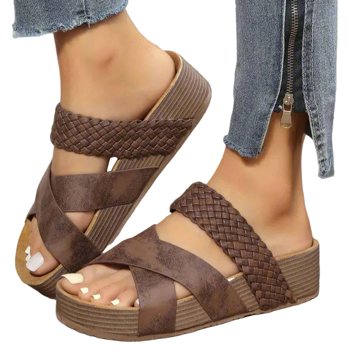 Women's Open-Toe Wedge Sandals with Cross Strap and Braided Heel