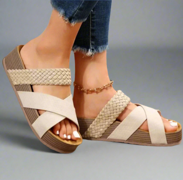 Women's Open-Toe Wedge Sandals with Cross Strap and Braided Heel